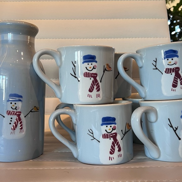 Crate & Barrel Hartstone Hand Painted Snowpeople Coffee Mugs and Milk Jug - Picture 2 of 3